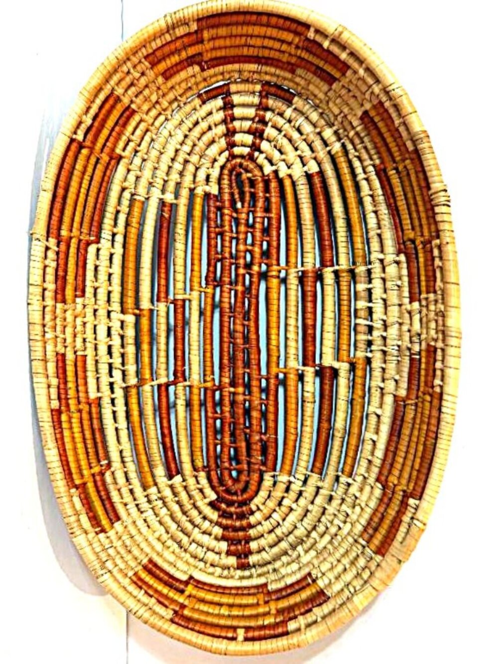 Vintage Hand-Coiled Southwestern/Mexican Earth Tones Oval Grass Basket Tray 12"